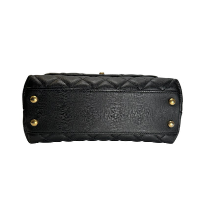 Used CHANEL Quilted Caviar Leather Coco Handle Handbag Black Gold