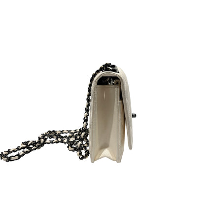 Used CHANEL Lambskin Leather WOC Shoulder Bag White Black Hardware