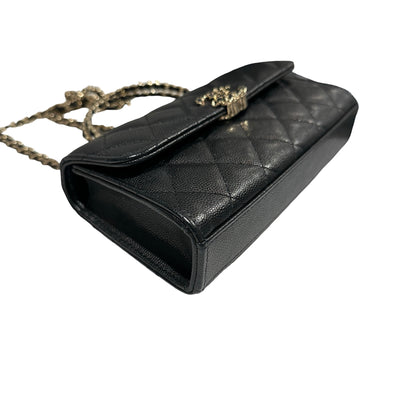 Used CHANEL Quilted Caviar Handle Classic Flap Handbag Black Gold