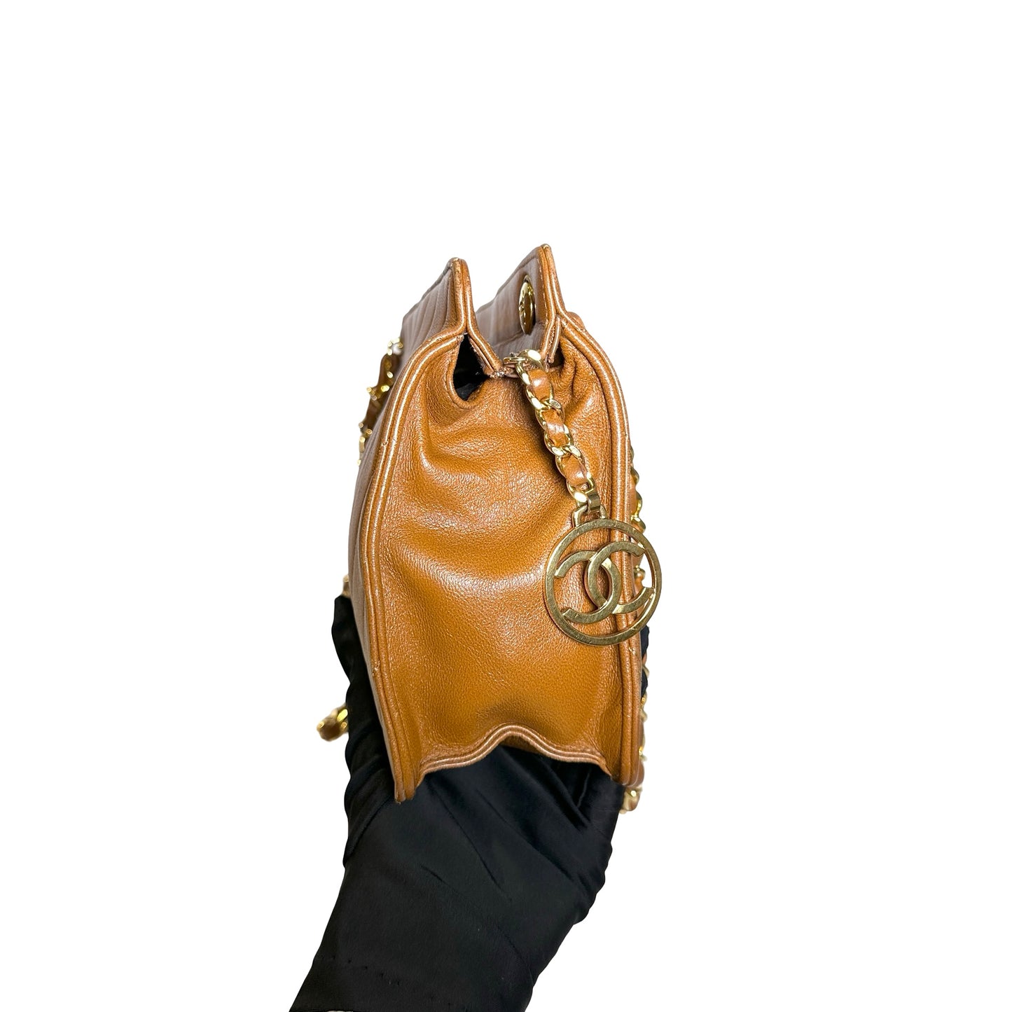Used CHANEL Lambskin Leather Vintage lambskin chevron Cross Body Bag Brown GHW