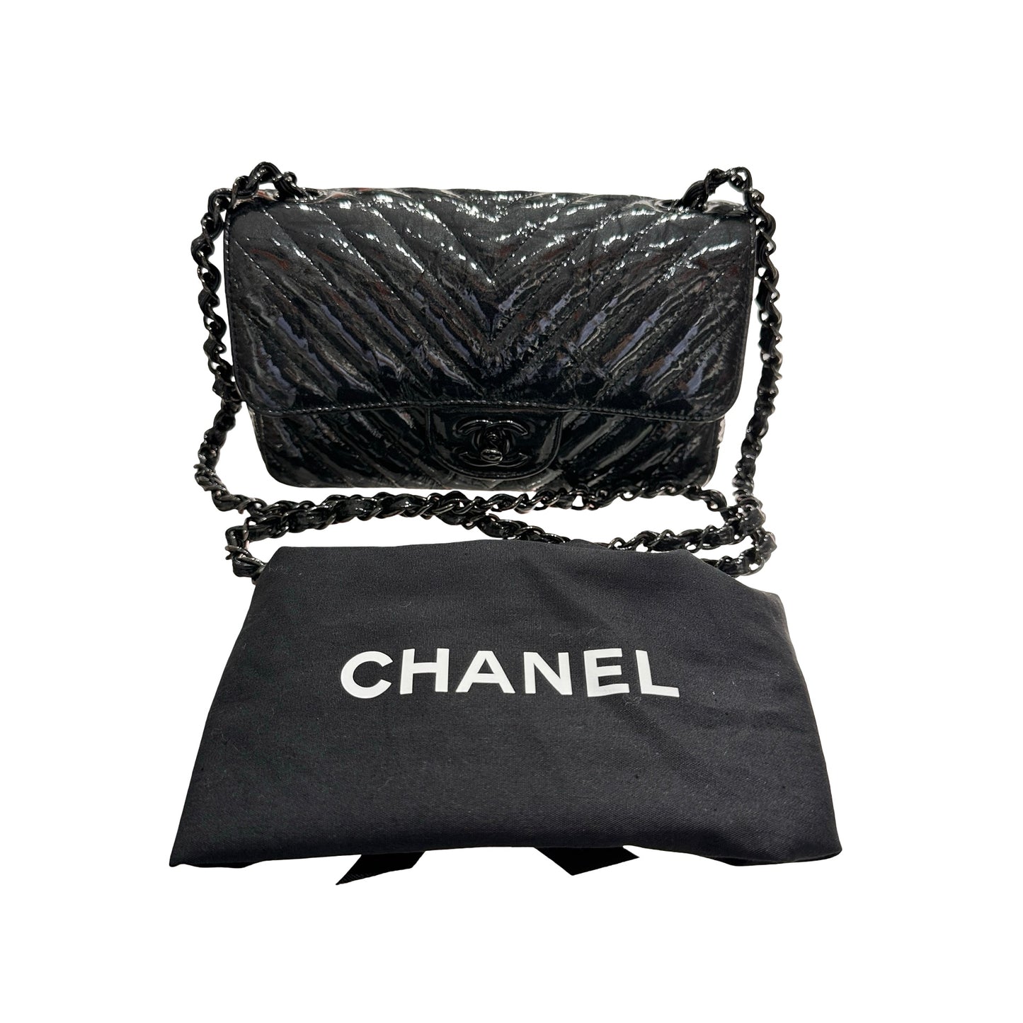 Used CHANEL Patent Leather MINI FLAP 20 CM Cross Body Bag Black