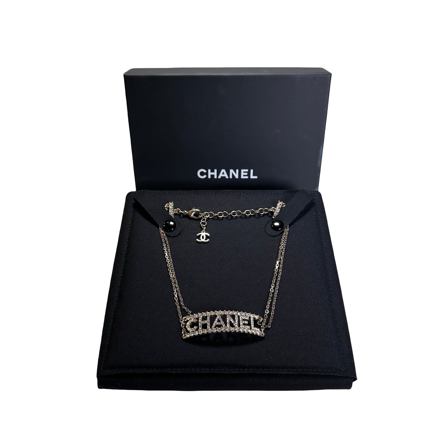Used CHANEL Rhinestone Logo Necklace GHW