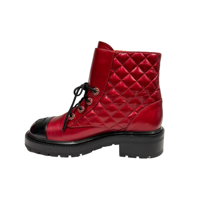 Used CHANEL Calfskin Leather Lace Up Combat Boots Shoes Red Black GHW