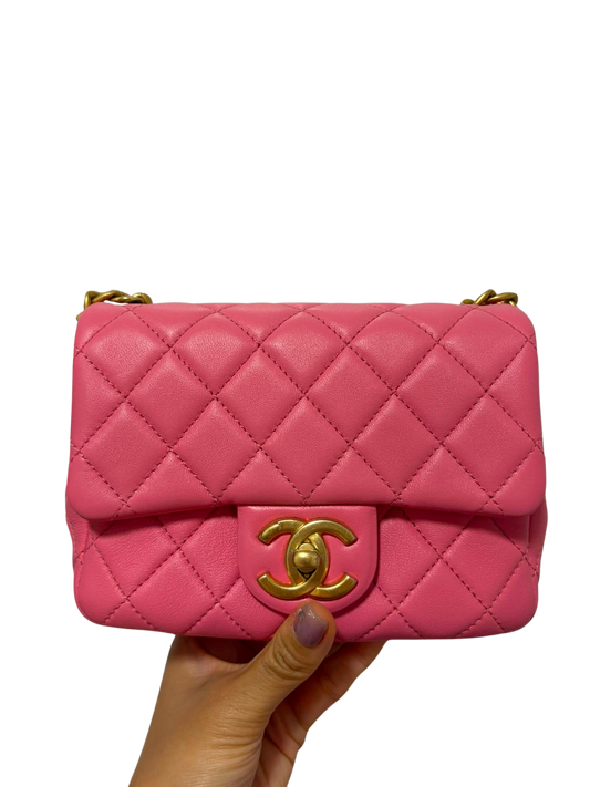 Used CHANEL Quilted Lambskin 21P mini pearl samba square flap bag Mini Bag Pink Gold