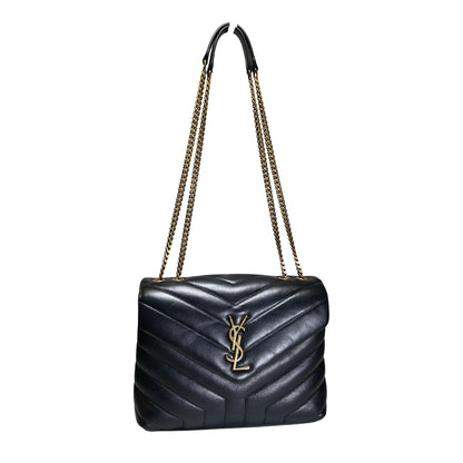 Used YVES SAINT LAURENT Lambskin Loulou Shoulder Bag Black GHW