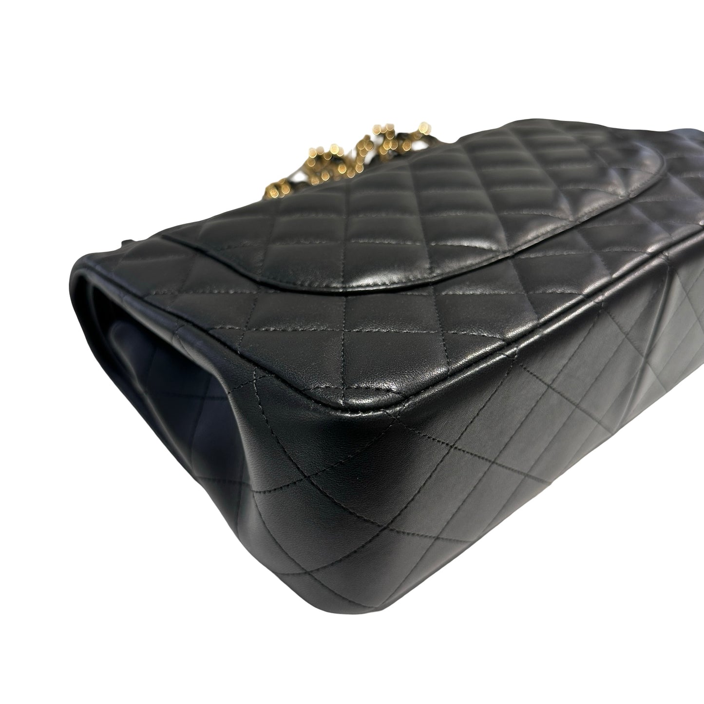 Used CHANEL Lambskin Quilted Jumbo Shoulder Bag Black Gold