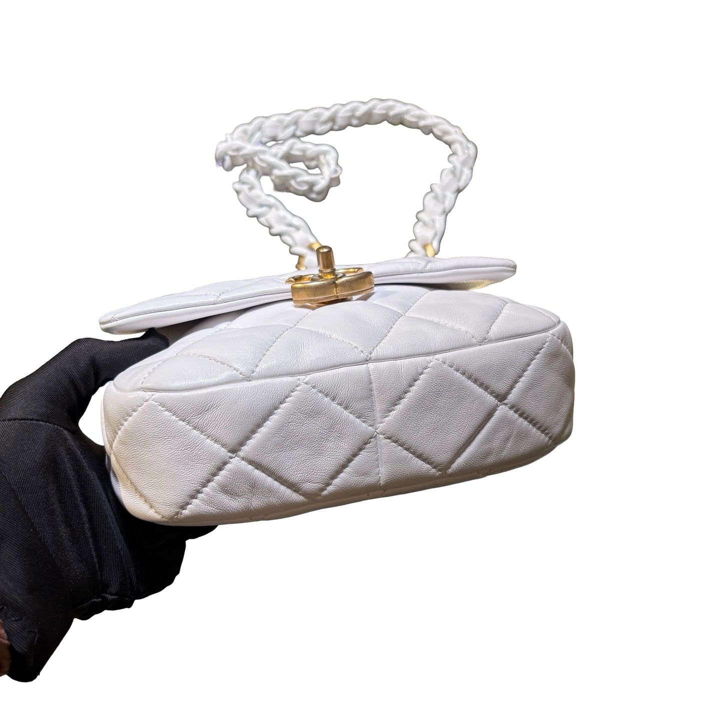 Used CHANEL Calfskin Leather Flap Cross Body Bag White GHW