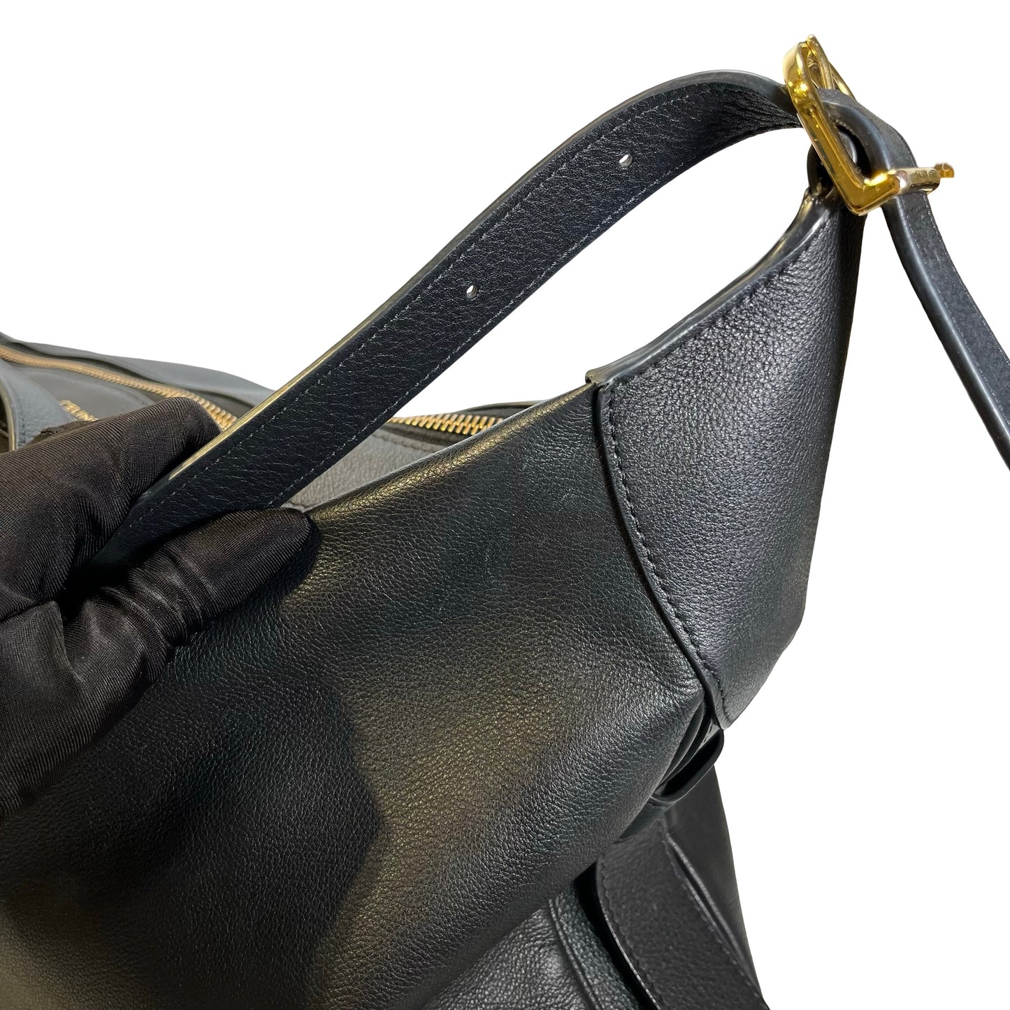 Used CELINE Leather Sangle Bucket Bag Shoulder Bag Black