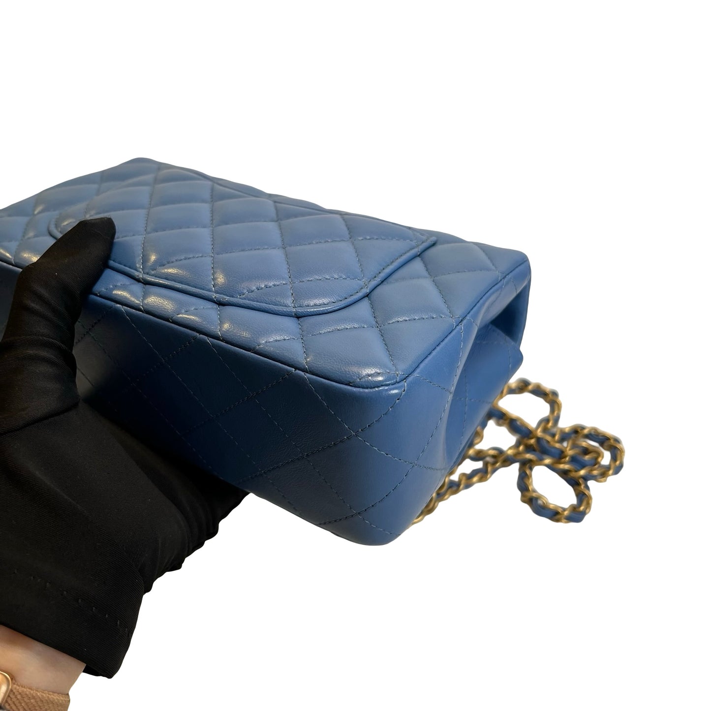 Used CHANEL Quilted Lambskin Classic Flap Handbag Blue Gold hardware