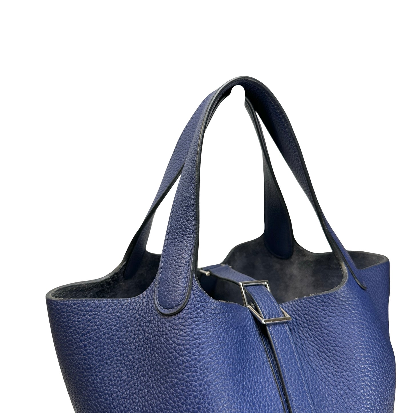 Used HERMES Clemence Leather Picotin 18 Bucket Bag Blue PHW