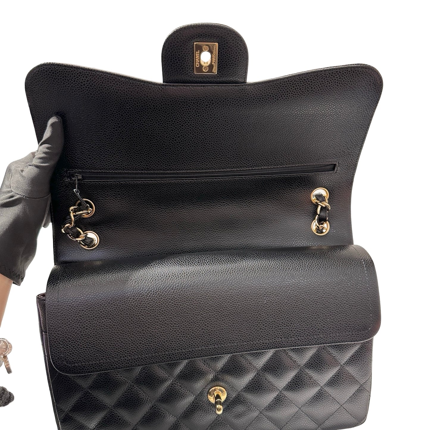 Used CHANEL Calfskin Leather Jumbo Chain Shoulder Bag GHW Black