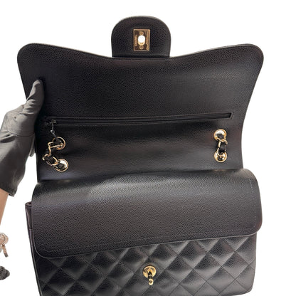 Used CHANEL Calfskin Leather Jumbo Chain Shoulder Bag GHW Black