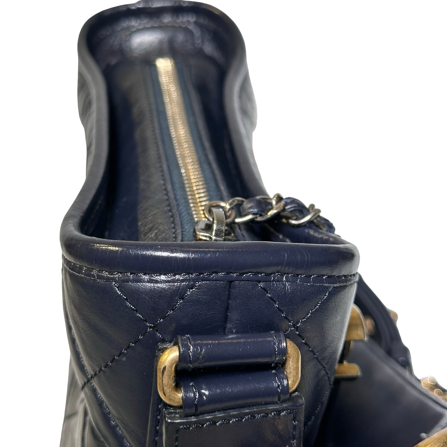 Used CHANEL Calfskin Leather Chain Shoulder Bag Navy Blue GHW PHW