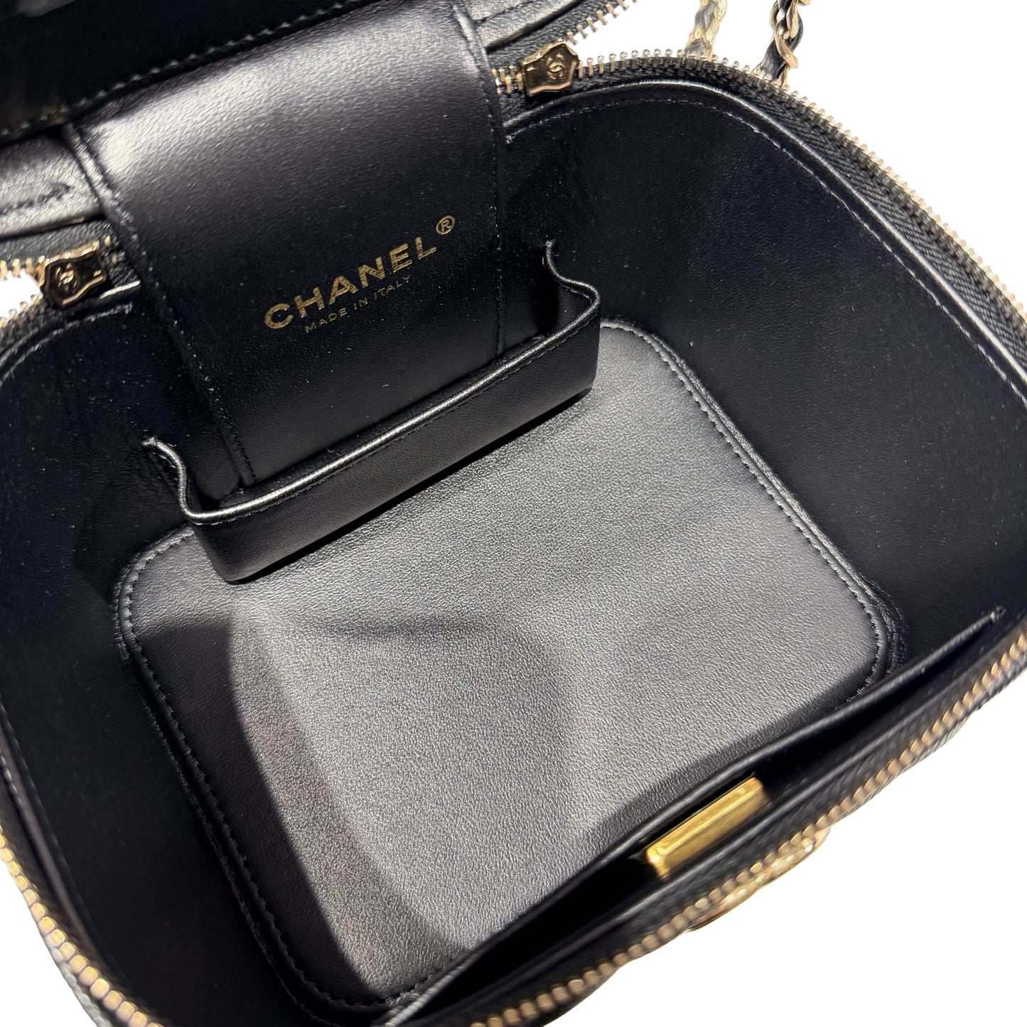 Unused Chanel Calfskin Leather Vanity Case Cross Body Bag Black GHW