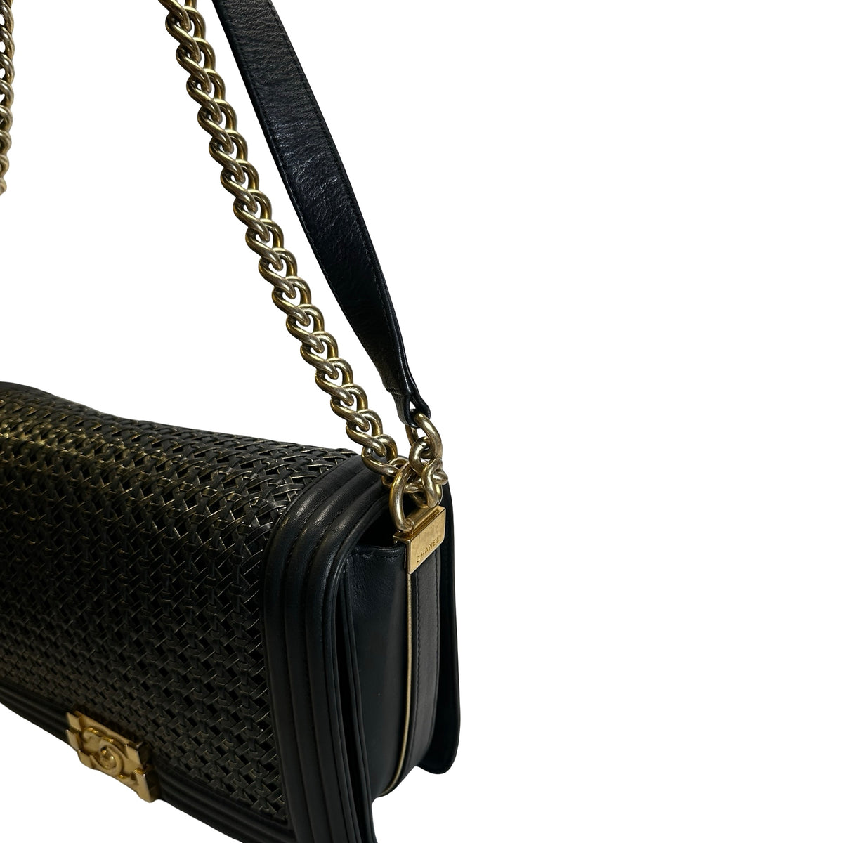 Used CHANEL Woven Leather Boy Chain Shoulder Bag Black Gold