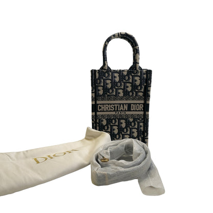 Used DIOR Dior Oblique Embroidery Mini Book tote phone bag Tote Bag Blue Beige