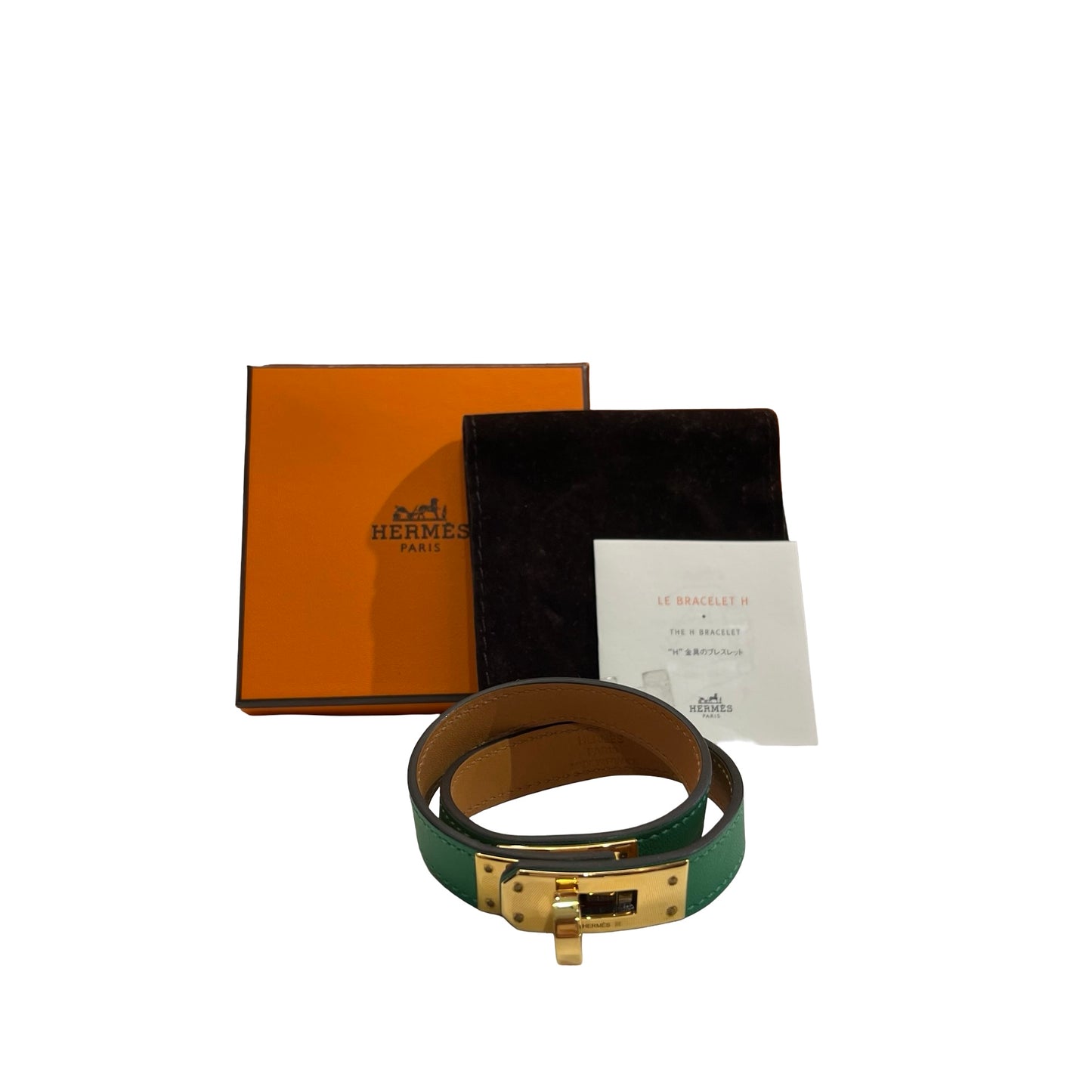Used HERMES Leather Kelly Double Tour Bracelet BRACELET Green Gold