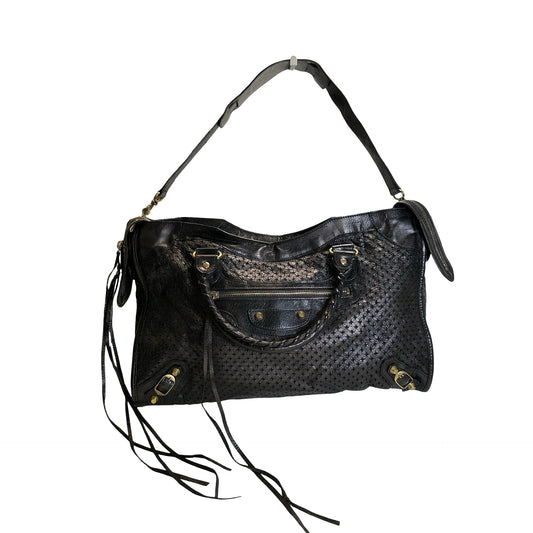 Used BALENCIAGA Leather Perforated City Handbag Black