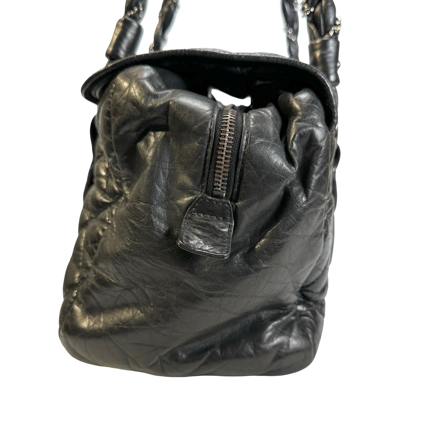 Used CHANEL Quilted Quilted Aged Calfskin Bowler Bag Handbag Black