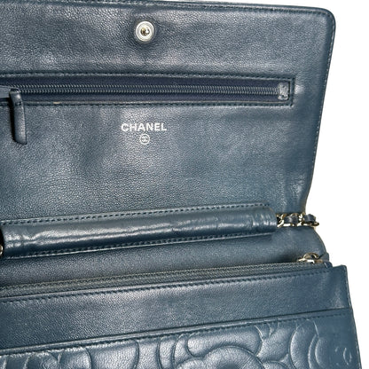 Used CHANEL Camellia Leather Wallet on chain Wallet on chain Navy