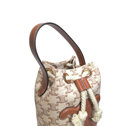 Used CELINE Triomphe Canvas Calfskin Teen Triomphe Drawstring Drawstring Bag Beige Brown GHW