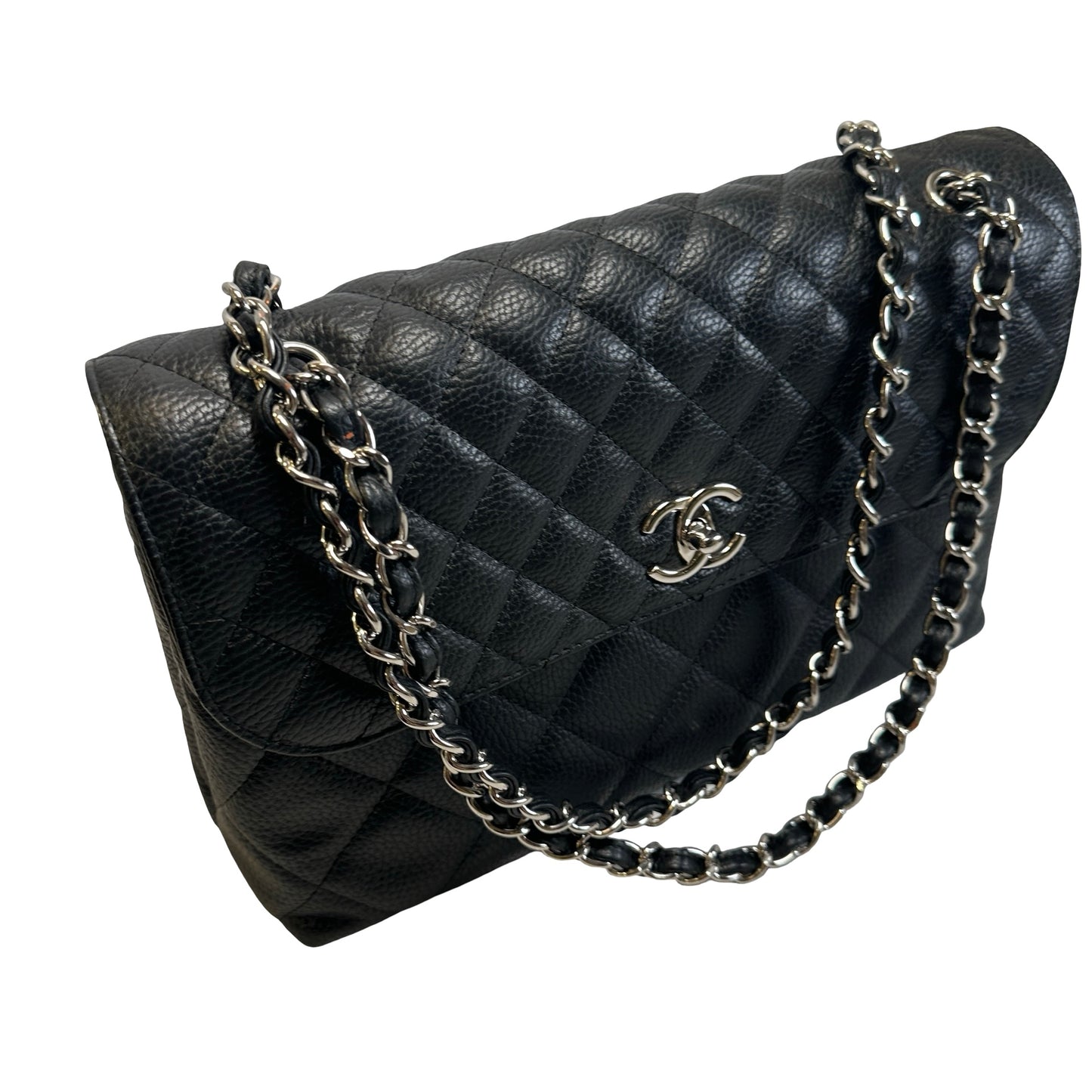 Used CHANEL Quilted Caviar Classic Flap Chain Shoulder Bag Black Silver