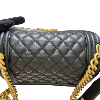 Used CHANEL Calfskin Leather Boy 20cm Shoulder Bag Black GHW