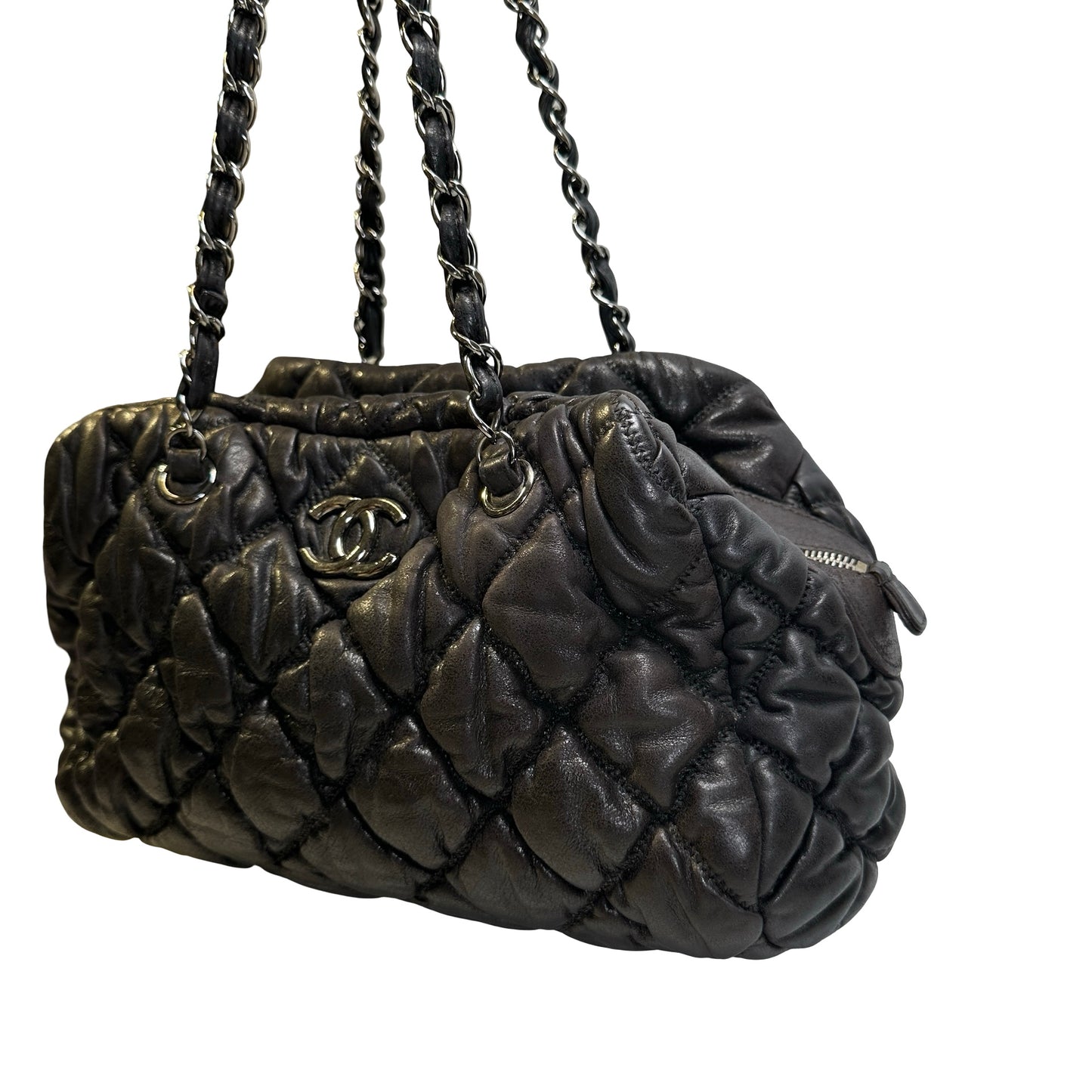 Used CHANEL Quilted Leather Bubble Quilted Bowler Bag Handbag Black Silver hardware
