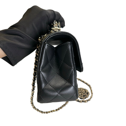 Used CHANEL Quilted Leather Mini Flap Bag with Top Handle Handbag Black