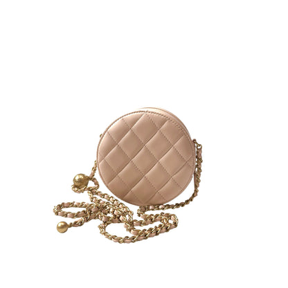 Used CHANEL Lambskin Leather Chain with Gold Ball Cross Body Bag Pink GHW