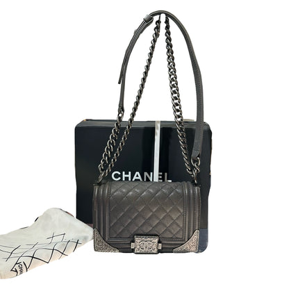 Used CHANEL Boy 20cm Cross Body Bag Grey PHW
