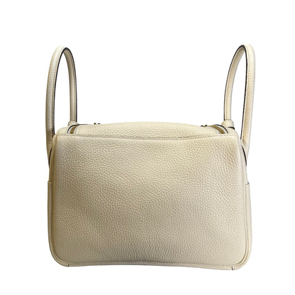 Used HERMES Leather Clemence Lindy Handbag Cream Off-White