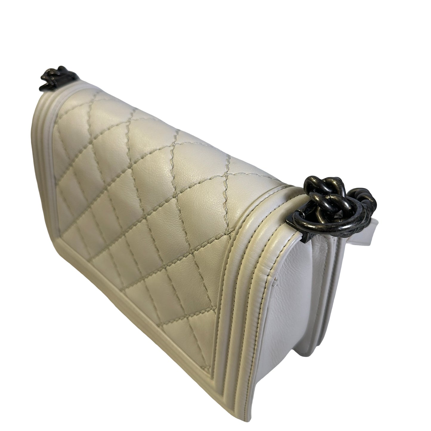 Used CHANEL Quilted Calfskin Boy Chain Shoulder Bag White