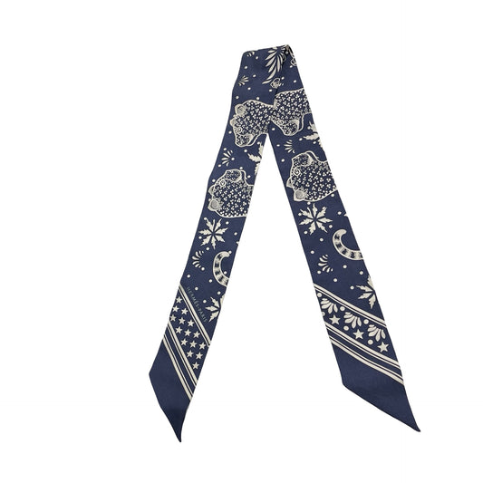 Used HERMES Silk Les Leopards Bandana Twilly Navy White