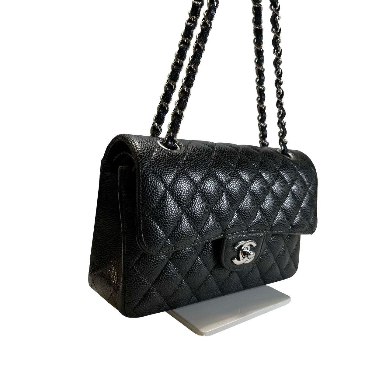 Used CHANEL Quilted Caviar Classic Flap 23 Chain Shoulder Bag Black Silver