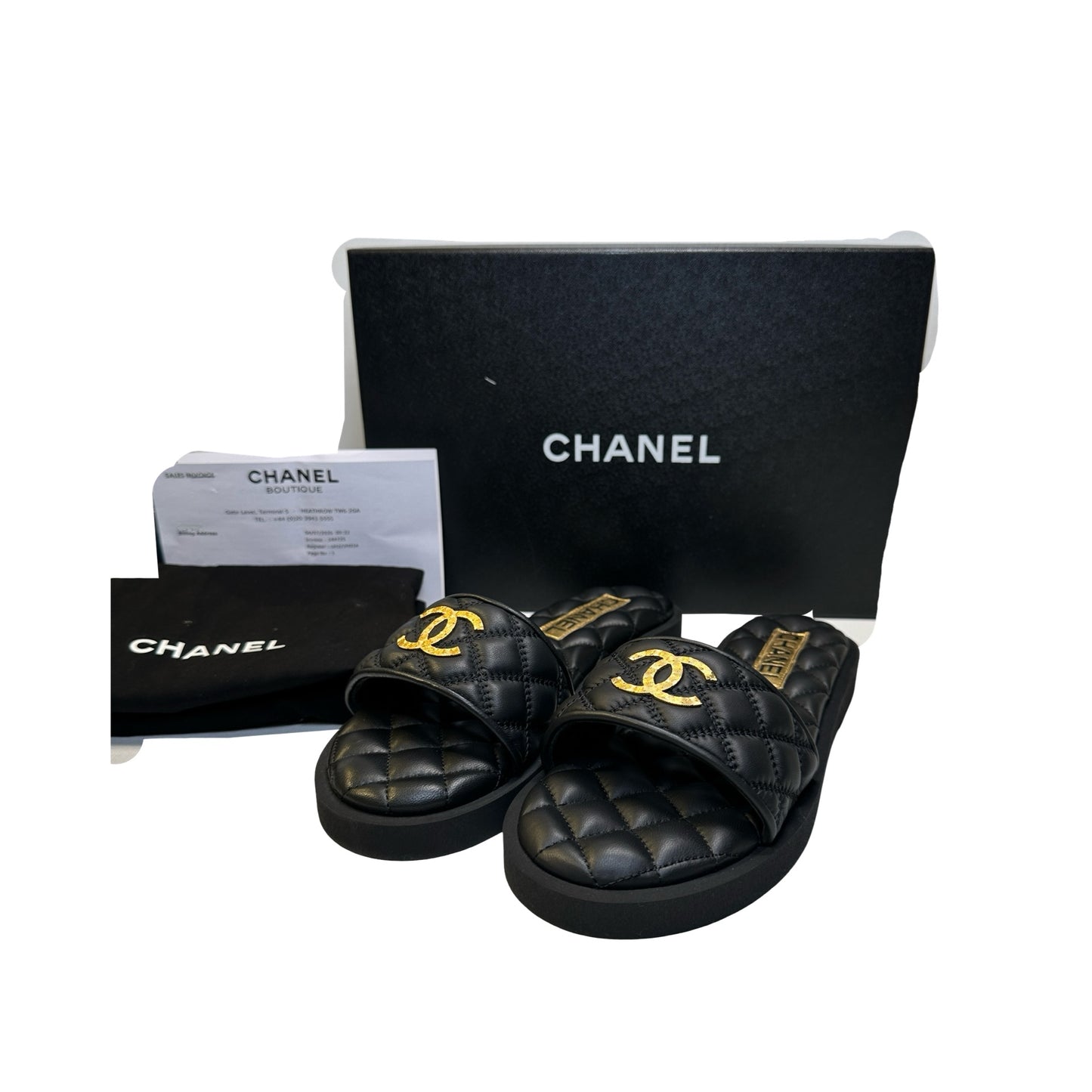 Brand New CHANEL Quilted Lambskin Mules Shoes Black Gold