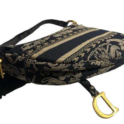Used DIOR Embroidered Canvas Floral Stripes Saddle Saddle Bag Black Beige GHW