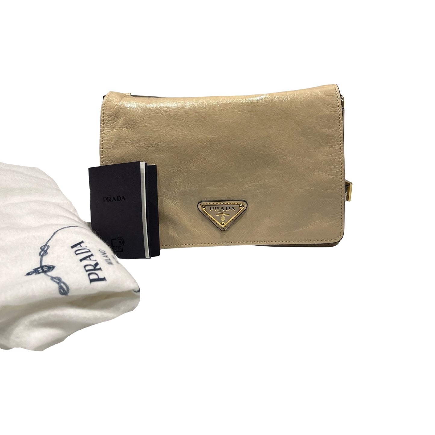 Used PRADA Lambskin Leather Shoulder Bag Beige