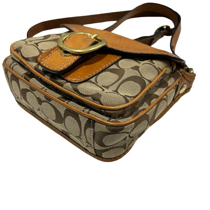 Used COACH Signature Canvas Leather Signature Canvas Flap Bag Crossbody Bag Brown Beige
