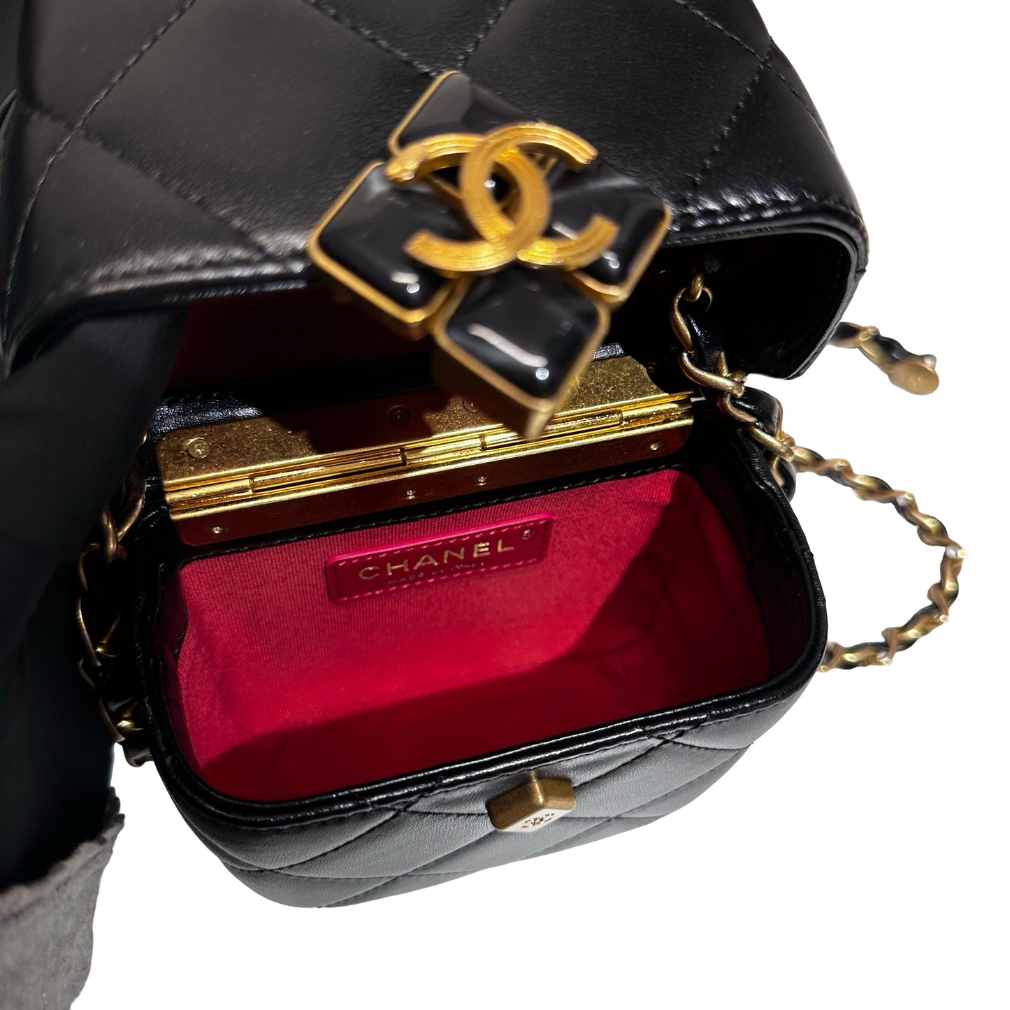Used CHANEL Lambskin Leather Plexi Box Shoulder Bag Black GHW