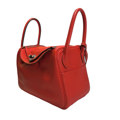 Used HERMES Clemence Lindy 26 Handbag Red PHW