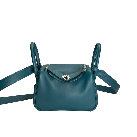 Used HERMES Leather Lindy Handbag Green