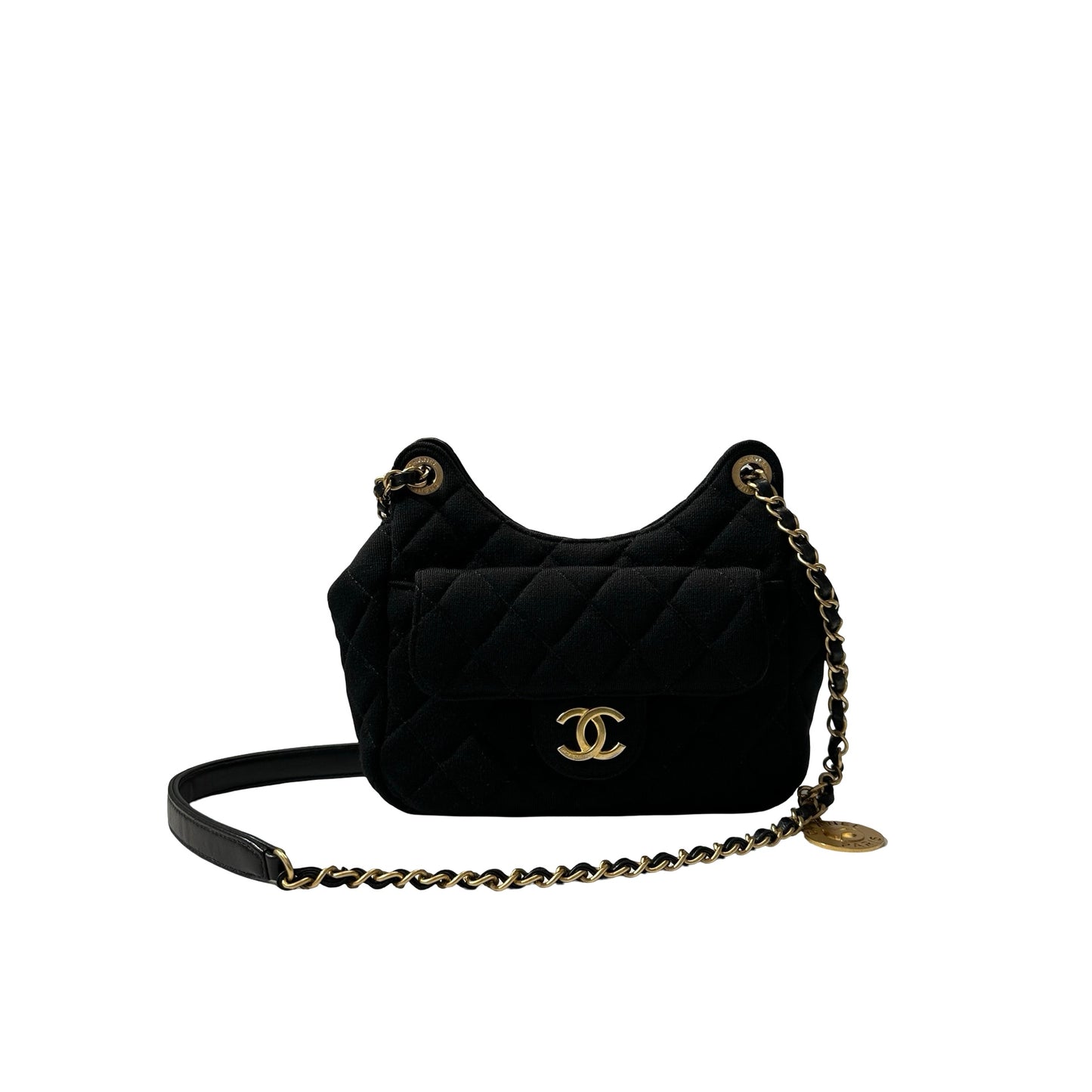 Used CHANEL Wool 23C hobo small wool jersey Shoulder Bag Black GHW