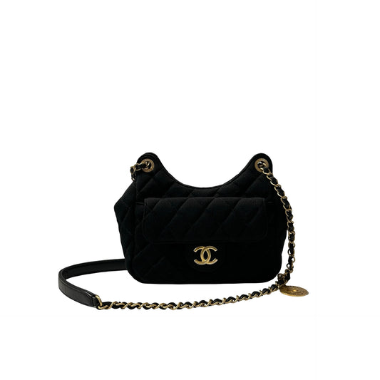 Used CHANEL Wool 23C hobo small wool jersey Shoulder Bag Black GHW