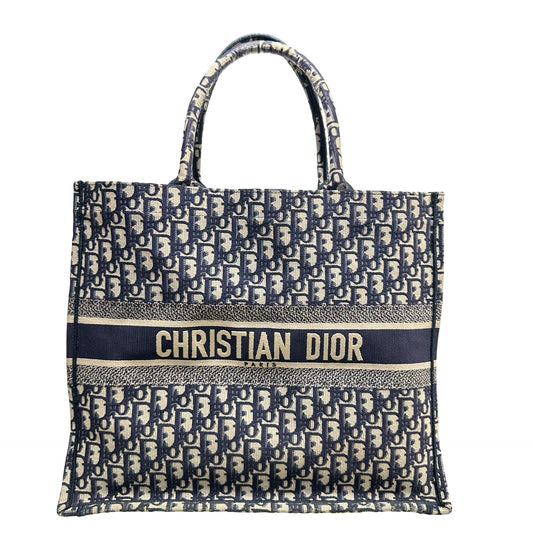 Used CHRISTIAN DIOR Oblique Embroidery Book Tote Tote Bag Blue Beige