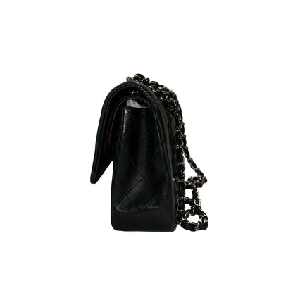 Used CHANEL Quilted Lambskin Classic Flap Chain Shoulder Bag Black Silver hardware