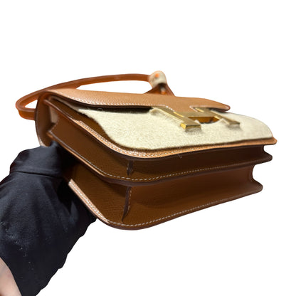 Brand New HERMES Epsom Felt Constance Crossbody Bag Brown Beige Gold Hardware