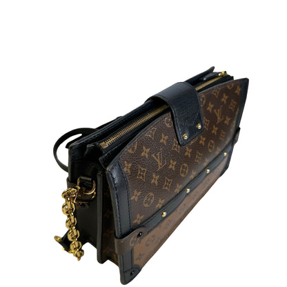Used LOUIS VUITTON Monogram Canvas Leather Petite Malle Crossbody Bag Brown Black Gold