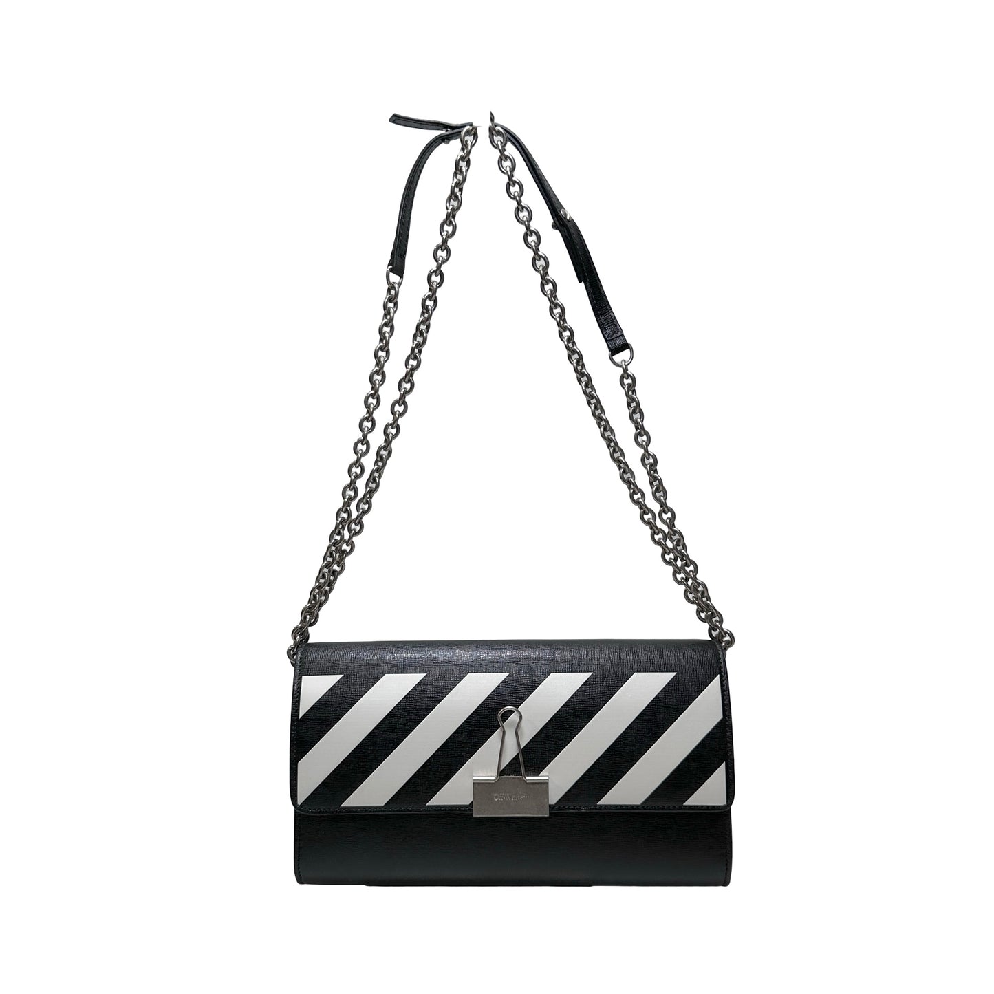 Used OFF WHITE Leather Chain-strap binder wallet Wallet Black White PHW