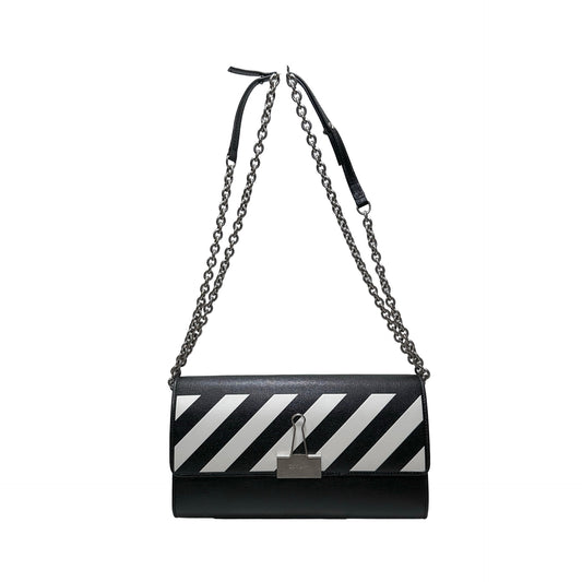 Used OFF WHITE Leather Chain-strap binder wallet Wallet Black White PHW